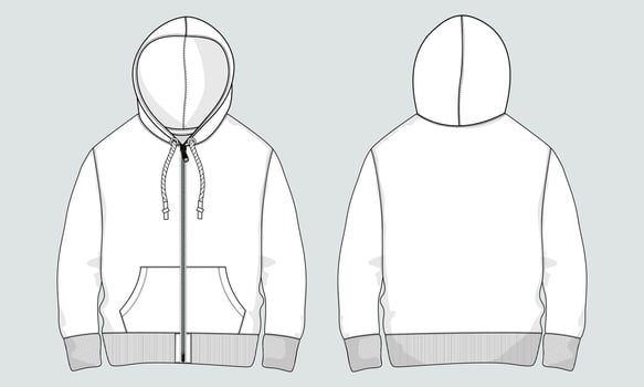 Long Sleeve Hoodie technical fashion flat sketch vector illustration template front and back views. Fleece jersey sweatshirt hoodie mock up for men's and boys.