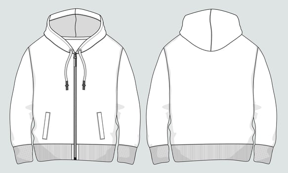Long sleeve Hoodie technical drawing fashion Flat Sketch vector illustration template front and back views.