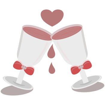 Clink a glass of wine, celebrate Valentine's Day, red hearts vector