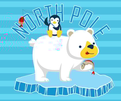 Cartoon of penguin sitting on polar bears back, animals fishing on ice chunk vector