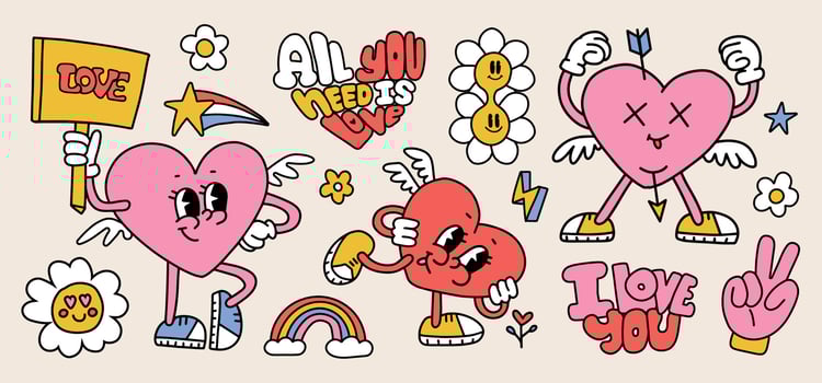 Groovy Valentines day characters set with lettering quotes. Funny heart mascots. Sticker pack in trendy retro cartoon style. Isolated contour vector illustration. Hippie 60s, 70s style. Flower power.