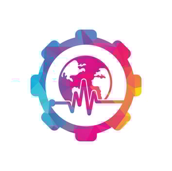 Pulse globe gear shape concept vector logo design icon. Earth globe icon with heart beat.