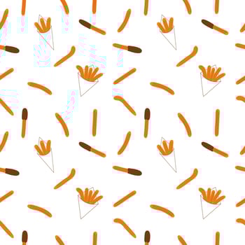 Traditional churros with chocolate sauce seamless pattern. Spanish and Latin American donut pastry background. Vector flat illustration.