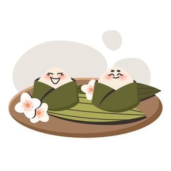 Asian food onigiri. Rice balls with nori. Cartoon happy character. Traditional Japanese dish. Doodle drawn vector illustration for menu, poster, flyer, banner, cooking concept