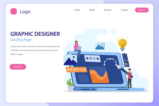 Graphic design concept. Digital designers team drawing with pen on computer monitor. Flat vector template style Suitable for Web Landing Pages.