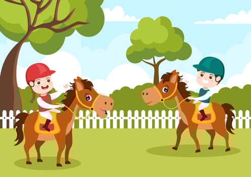 Equestrian Sport Horse Trainer with Kids Riding Horses and Running in Flat Cartoon Hand Drawn Template Illustration vector