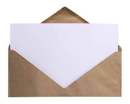 large craft envelope with a white sheet of textured paper sticking out from the inside horizontal photo isolate. mock up envelope with blank sheet png