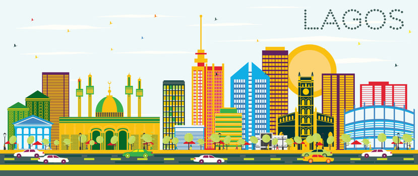 Lagos Skyline with Color Buildings and Blue Sky. vector