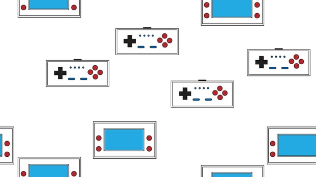 Seamless pattern endless with portable game consoles and joysticks, electronic toys old retro vintage hipster from 70s, 80s, 90s isolated on white background. Vector illustration