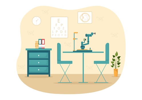 Optometrist with Ophthalmologist Checks Patient Sight, Optical Eye Test and Spectacles Technology in Flat Cartoon Hand Drawn Templates Illustration vector