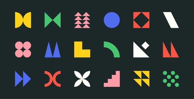 Brutalism shapes, minimalist geometric elements, abstract bauhaus forms. Simple star and flower shape, basic form, trendy modern graphic element vector set