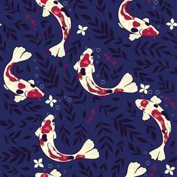 Seamless pattern with koi and algae. Vector graphics.