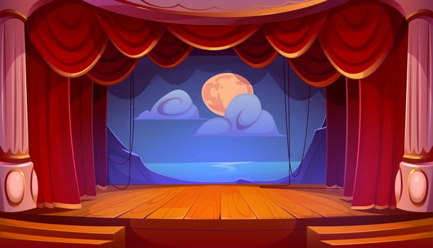 Empty theater stage, red curtains, wooden floor vector