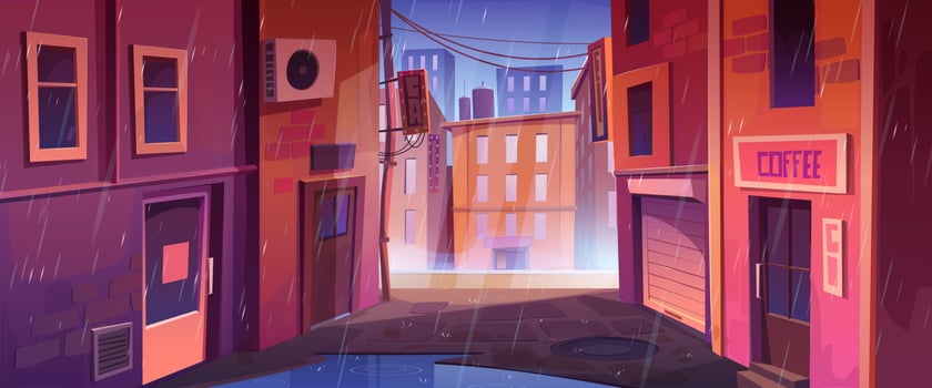 Back street alley with houses, store, cafe in rain vector