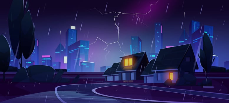 Rainy night in city suburb, vector illustration