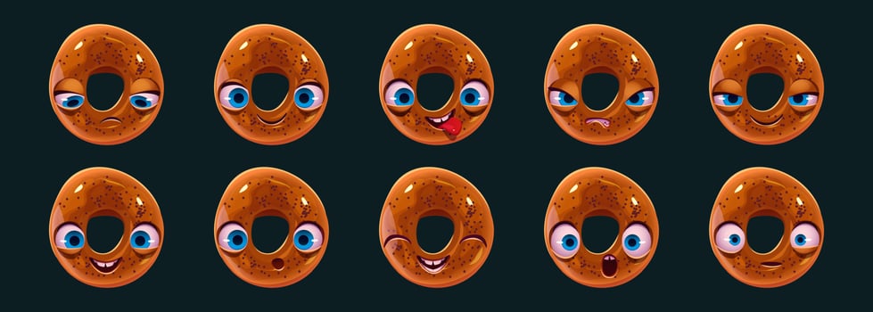 Cute bagel character face emoji set, kawaii bakery vector