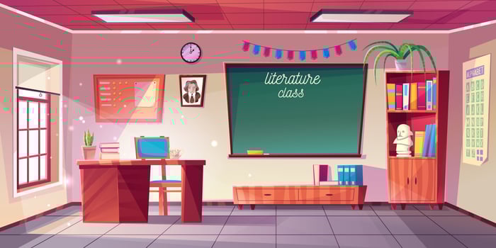Literature classroom interior, empty school class vector