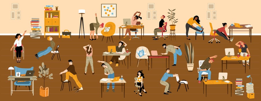 People doing stretching exercises in office vector