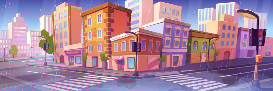 Rain at city crossroad, transport intersection vector