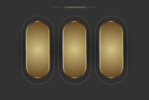 Group of three golden shapes vector and illustration design, set of 3 gold buttons and premium shapes for steps of works.