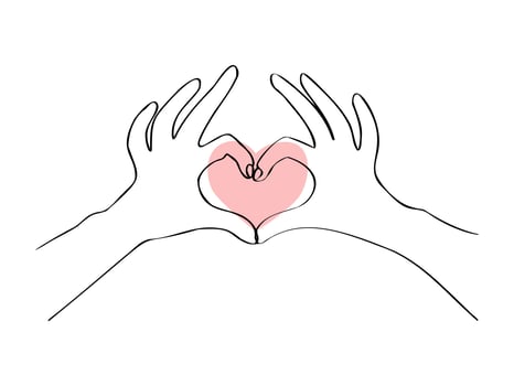 Continuous one line drawing with hand and heart. Two hands making heart. Vector illustration. Black line art on white background.