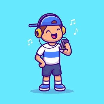 Cute Boy Listening Music With Headphone Cartoon Vector Icon Illustration. People Technology Icon Concept Isolated Premium Vector. Flat Cartoon Style