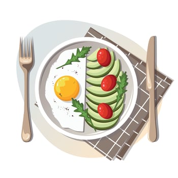 Delicious breakfast. A plate of scrambled eggs, avocado, tomato. Healthy eating, cooking, breakfast menu, fresh food concept. vector