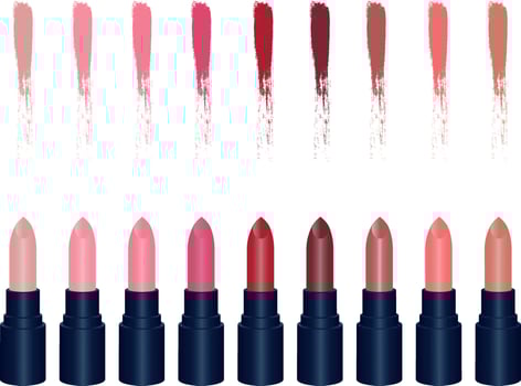 Set of colored lipsticks. Lipstick collection. Lipstick palette. Makeup. Vector illustration.