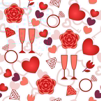 Seamless pattern with symbols of Valentines day such as heart, rose, diamond, champagne glass, engagement ring, love key. vector