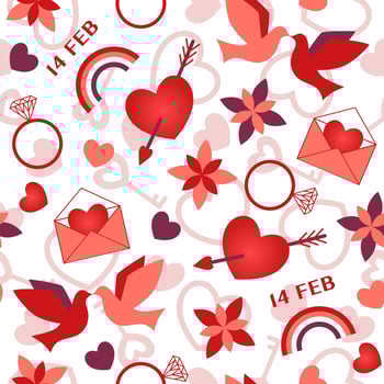 Seamless pattern with symbols of Valentines day, such as heart, flower, dove, heart with cupid arrow, engagement ring, valentine card, rainbow. vector
