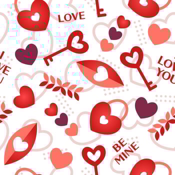 Seamless pattern with symbols of Valentines day, such as heart, flower, love key, heart shaped padlock, short love phrases I love you, Be mine vector