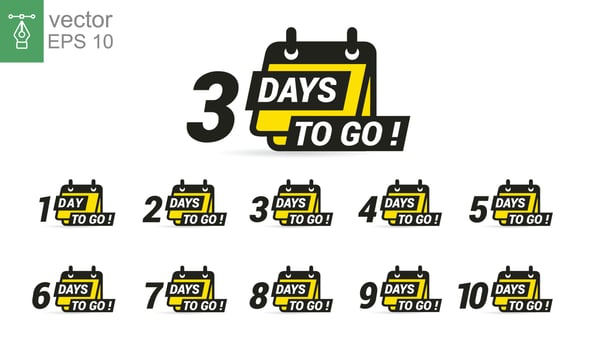 Number 1, 2, 3, 4 5 6 7 8 9 10 of days left to go. Only a few days left, timer deal. Collection badges sale landing page banner. Vector illustration isolated. EPS 10.