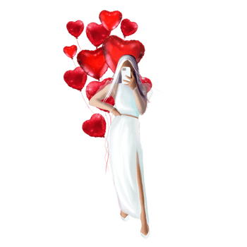 bride in wedding dress with hearts, woman in evening dress png