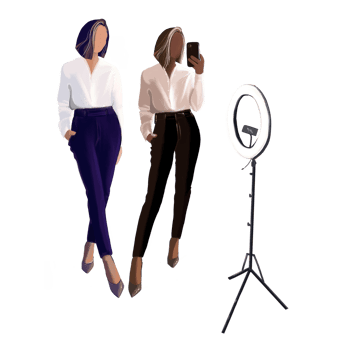 two blogger women filming a video in the studio, png