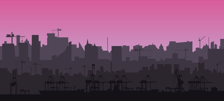 City skyline silhouette in a flat style at pink sunset. Modern cityscape and cargo port with cranes. Layers for parallax.  Vector EPS10.
