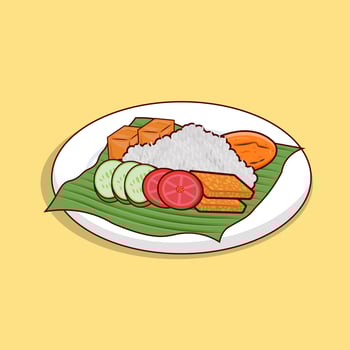 Detailed nasi lemak or white rice with tofu and tempe illustration for food icon, illustration of asian food icon vector