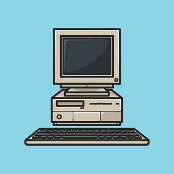 Front view of a realistic computer monitor CPU with a keyboard. Vector illustration isolated on light background.