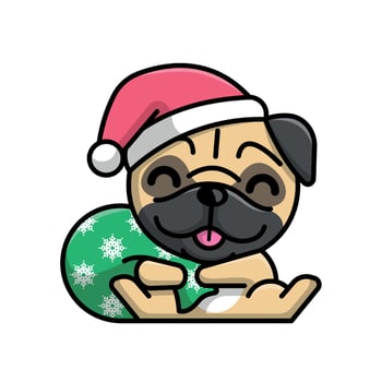 A CUTE PUG IS WEEARING SANTA HAT AND CARRYING A PRESENT BAG vector