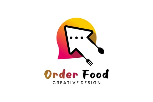 Online food logo design, food order vector illustration with creative chat concept