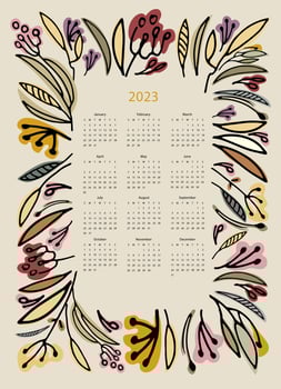 Calendar vector template for year 2023 with hand drawn wild flowers on blue background