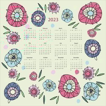 Calendar vector template for year 2023 with hand drawn wild flowers on blue background