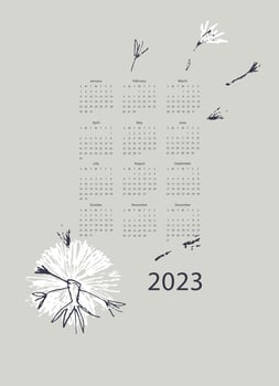 Calendar vector template for year 2023 with hand drawn wild flowers on blue background