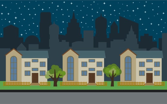 Vector city with three two-story cartoon houses and green trees at night. Summer urban landscape. Street view with cityscape on a background