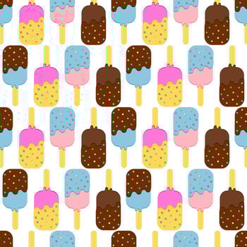 Seamless Colorful Ice Cream Pattern. Ice Cream Dessert on a Wooden Stick. Vector illustration.