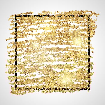 Golden Paint Glittering backdrop with black square frame on a white background. Background with gold sparkles and glitter effect. Empty space for your text. Vector illustration