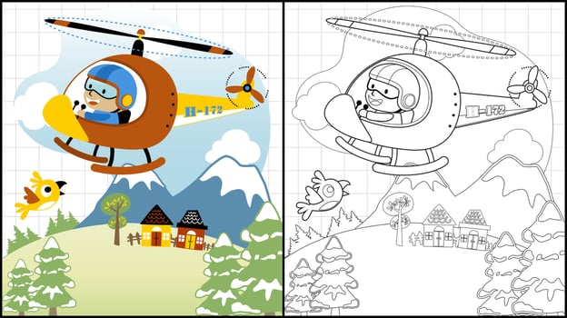 Coloring book of little boy driving helicopter on landscape background vector