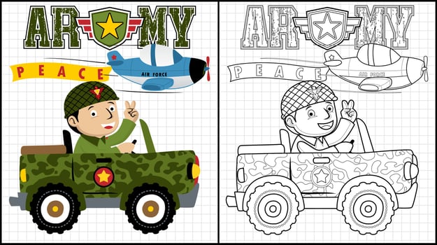Coloring book of soldier cartoon on military vehicle with airplane vector