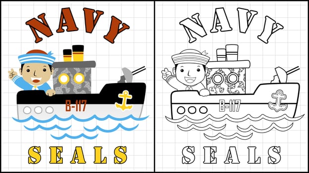 Coloring book of little sailor cartoon on warship vector