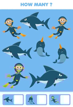 Education game for children searching and counting how many pictures of cute cartoon diver shark narwhal printable underwater worksheet vector