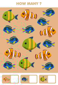 Education game for children searching and counting how many pictures of cute cartoon fish printable underwater worksheet vector